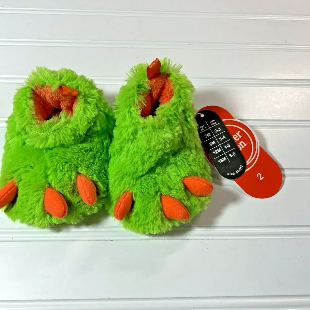 Baby Green Monster Slippers Toddler Size 2 Wonder Nation NWT
